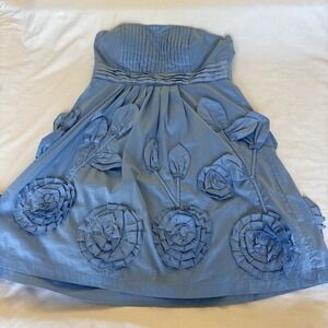 Blue Floral Appliqué Mini Dress Sweetheart Strapless Ruffled Minuet Teen Size 28